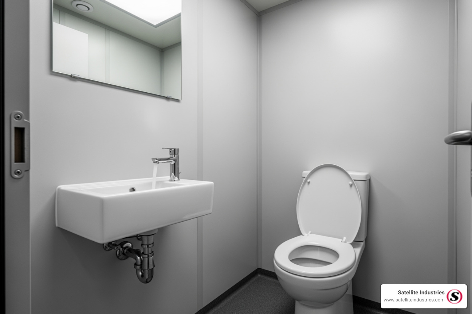 Interior of a modern, well-lit, and clean modular toilet stall, showing a flush toilet, sink with running water, and bright lighting - modular portable toilet