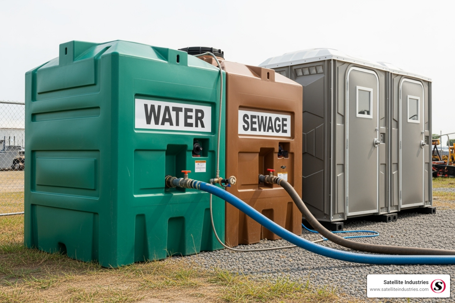 A large water and sewage combo tank, clearly labeled, used to service a modular restroom facility, with connection hoses visible - modular portable toilet