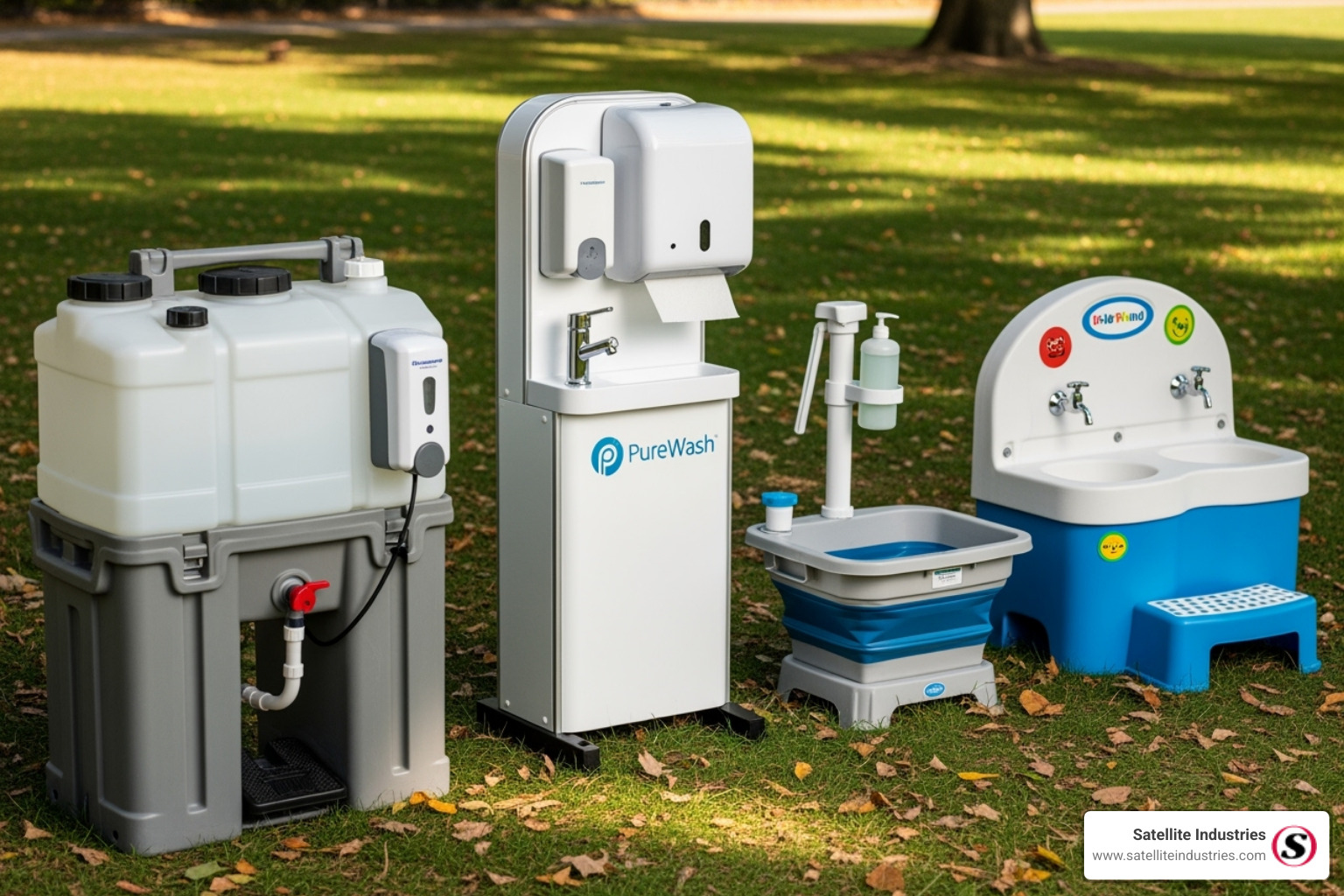 showing a lineup of different types of handwashing stations - handwashing stations