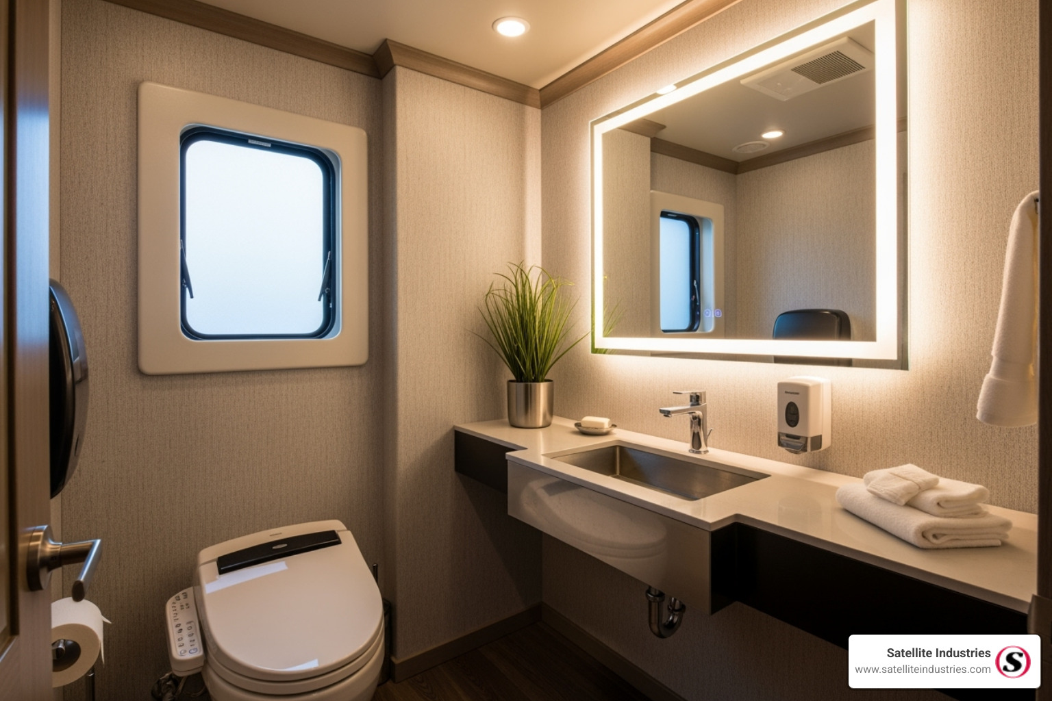 Pristine, clean interior of a luxury restroom trailer stall with modern fixtures - Wedding toilet trailer