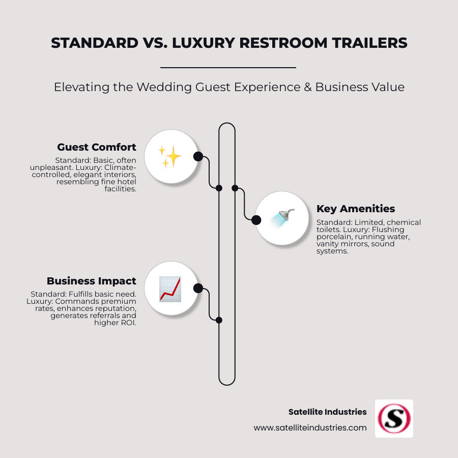 Comprehensive comparison infographic showing standard portable toilet vs luxury wedding toilet trailer features, guest capacity ranges, typical rental prices, and key amenities like climate control, porcelain fixtures, and premium finishes - Wedding toilet trailer infographic infographic-line-3-steps-neat_beige