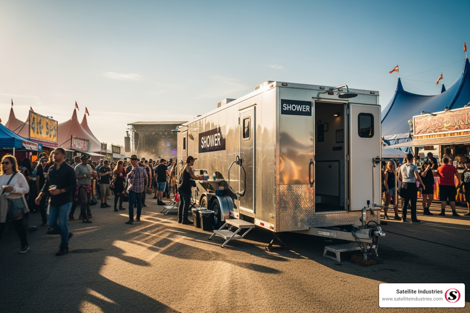 A large, modern portable shower trailer at an outdoor event - portable shower units for sale