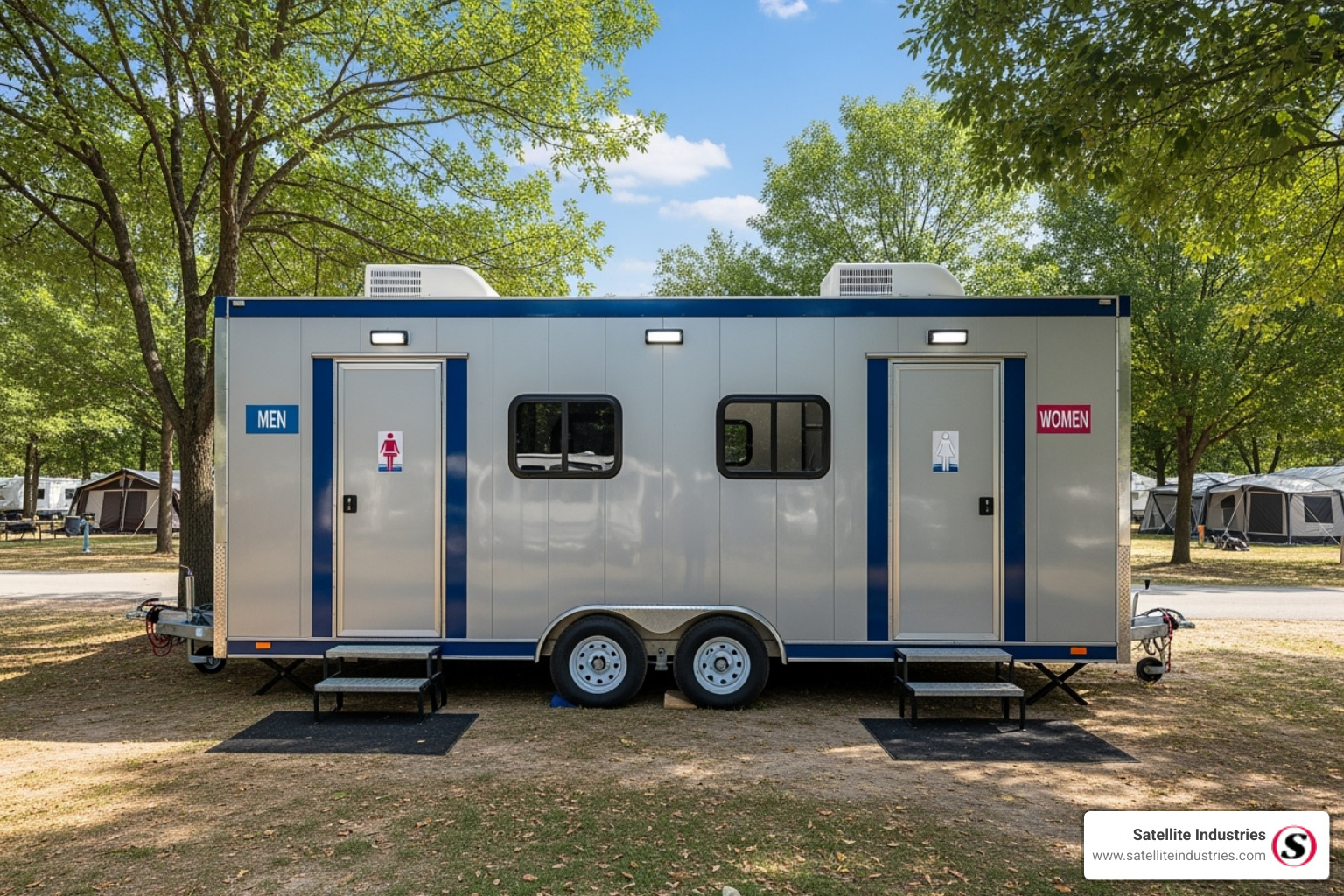 A multi-station shower trailer with separate entrances - portable shower units for sale