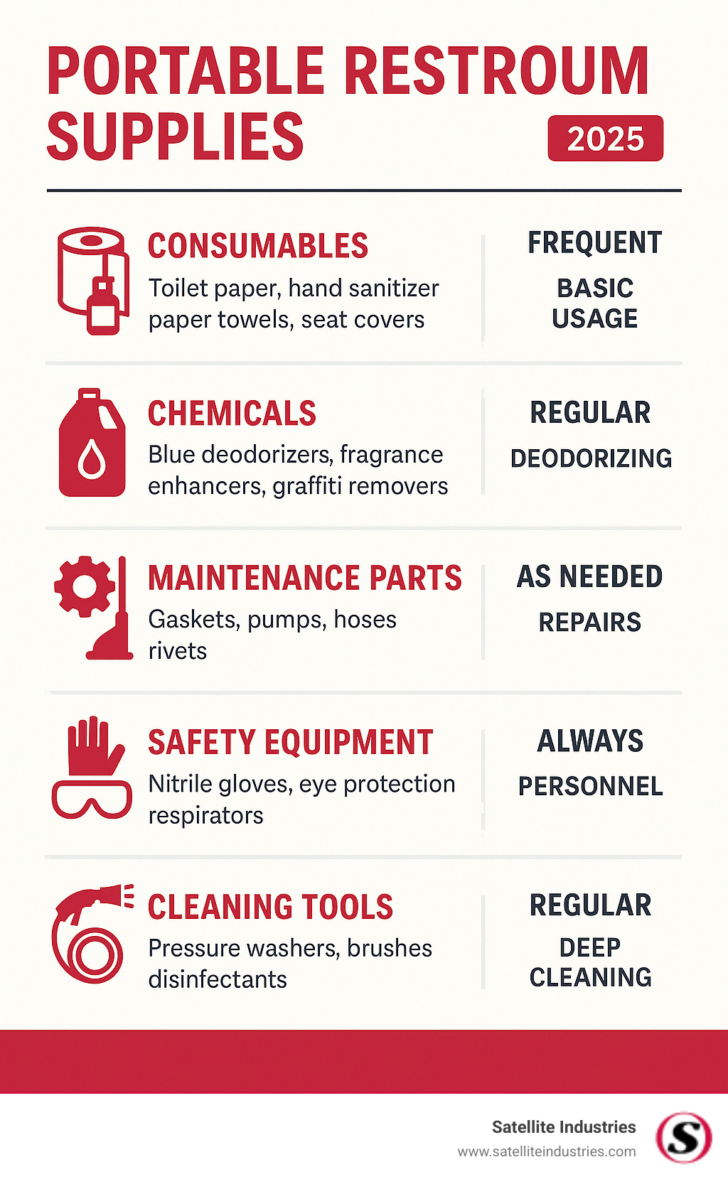 Comprehensive breakdown of portable restroom supply categories including consumables, chemicals, maintenance parts, safety equipment, and cleaning tools with usage frequency and application recommendations - portable restroom supplies infographic