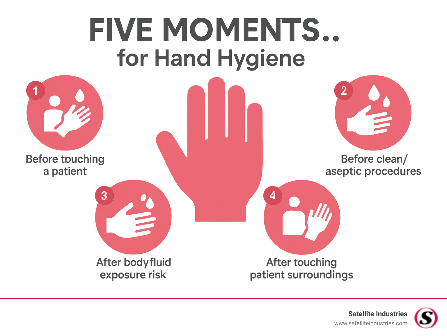 Infographic showing WHO's Five Moments for Hand Hygiene: 1) Before touching a patient, 2) Before clean/aseptic procedures, 3) After body fluid exposure risk, 4) After touching a patient, 5) After touching patient surroundings - hand sanitation infographic