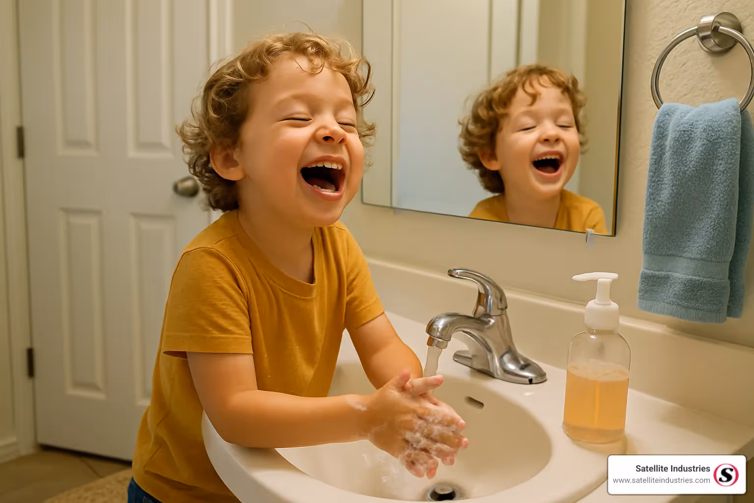 Image of child singing Happy Birthday song while washing hands at sink - hand sanitation