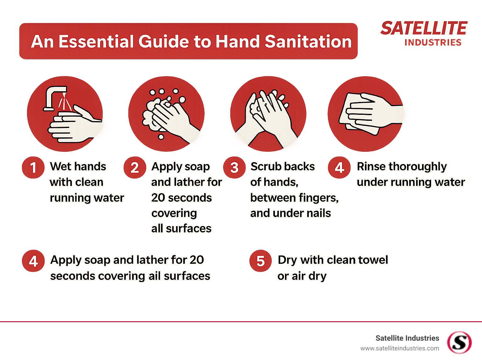 Infographic showing the 5-step hand sanitation process: 1) Wet hands with clean running water, 2) Apply soap and lather for 20 seconds covering all surfaces, 3) Scrub backs of hands, between fingers, and under nails, 4) Rinse thoroughly under running water, 5) Dry with clean towel or air dry - hand sanitation infographic