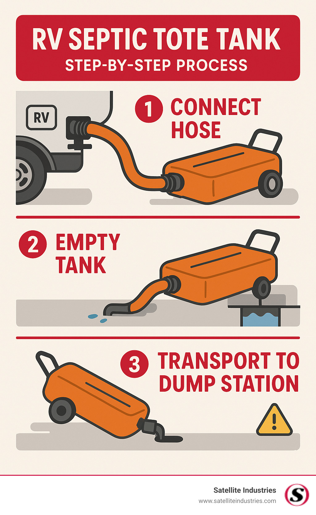 Infographic showing step-by-step process of connecting RV waste valve to portable tote tank, including proper hose attachment, gravity-fed emptying sequence, and safe transport to dump station with capacity indicators and safety protocols - rv septic tote tank infographic
