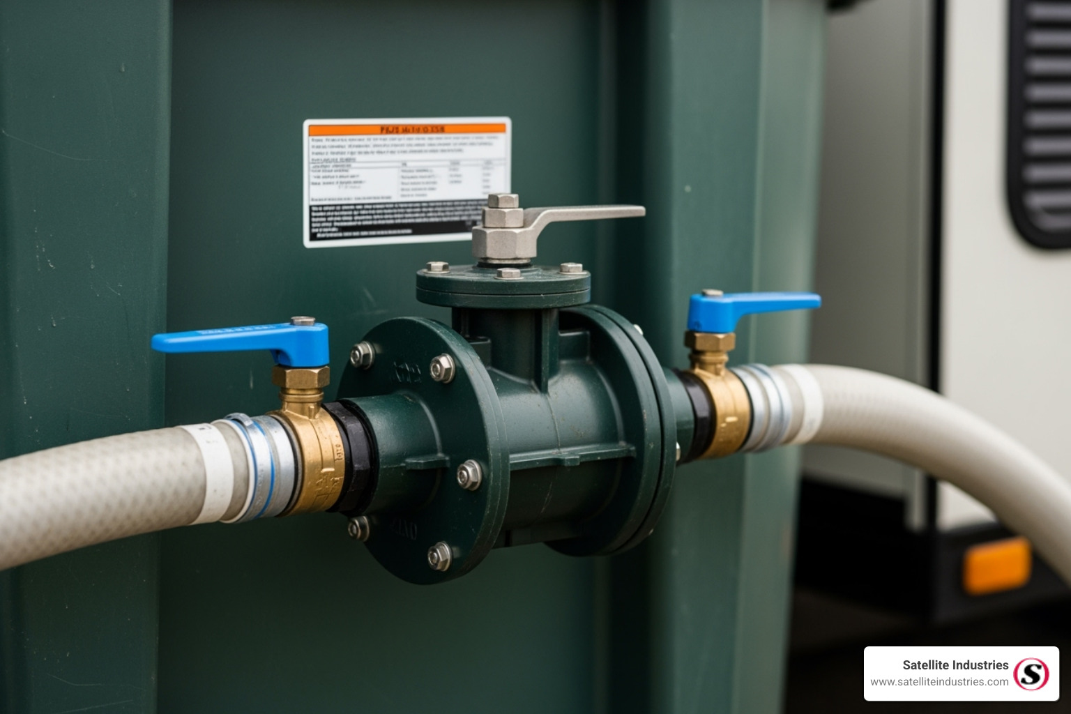 Close-up of a tote tank's gate valve and connections - rv septic tote tank