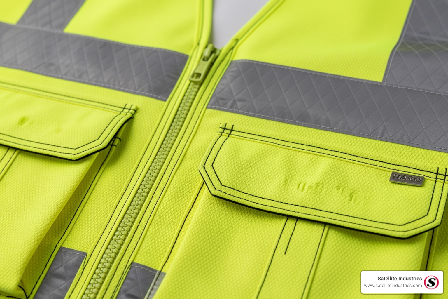 close-up details of a high-quality safety vest's stitching and pockets - Safety Apparel