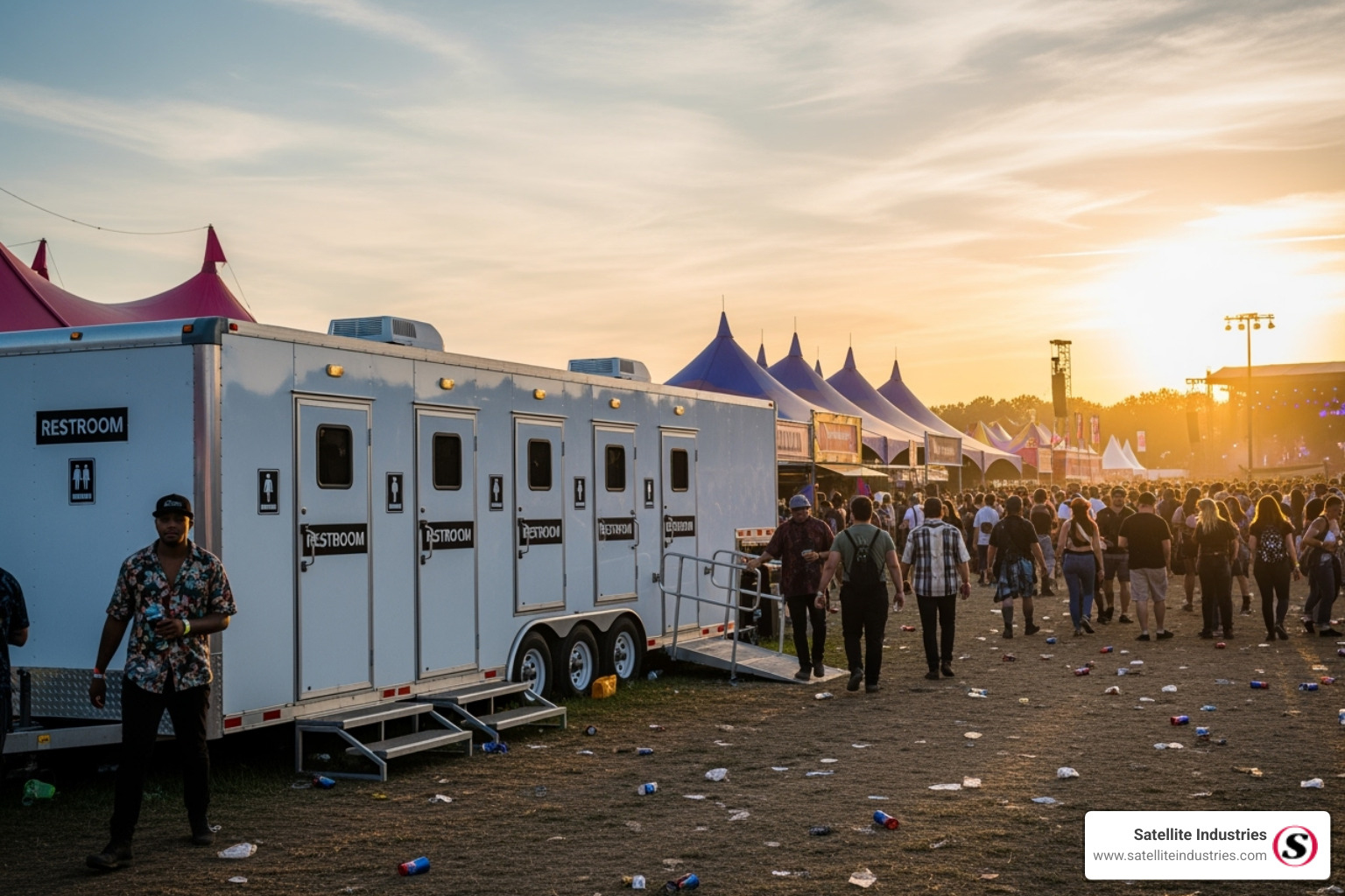 Large multi-door restroom trailer at a busy festival - restroom trailer