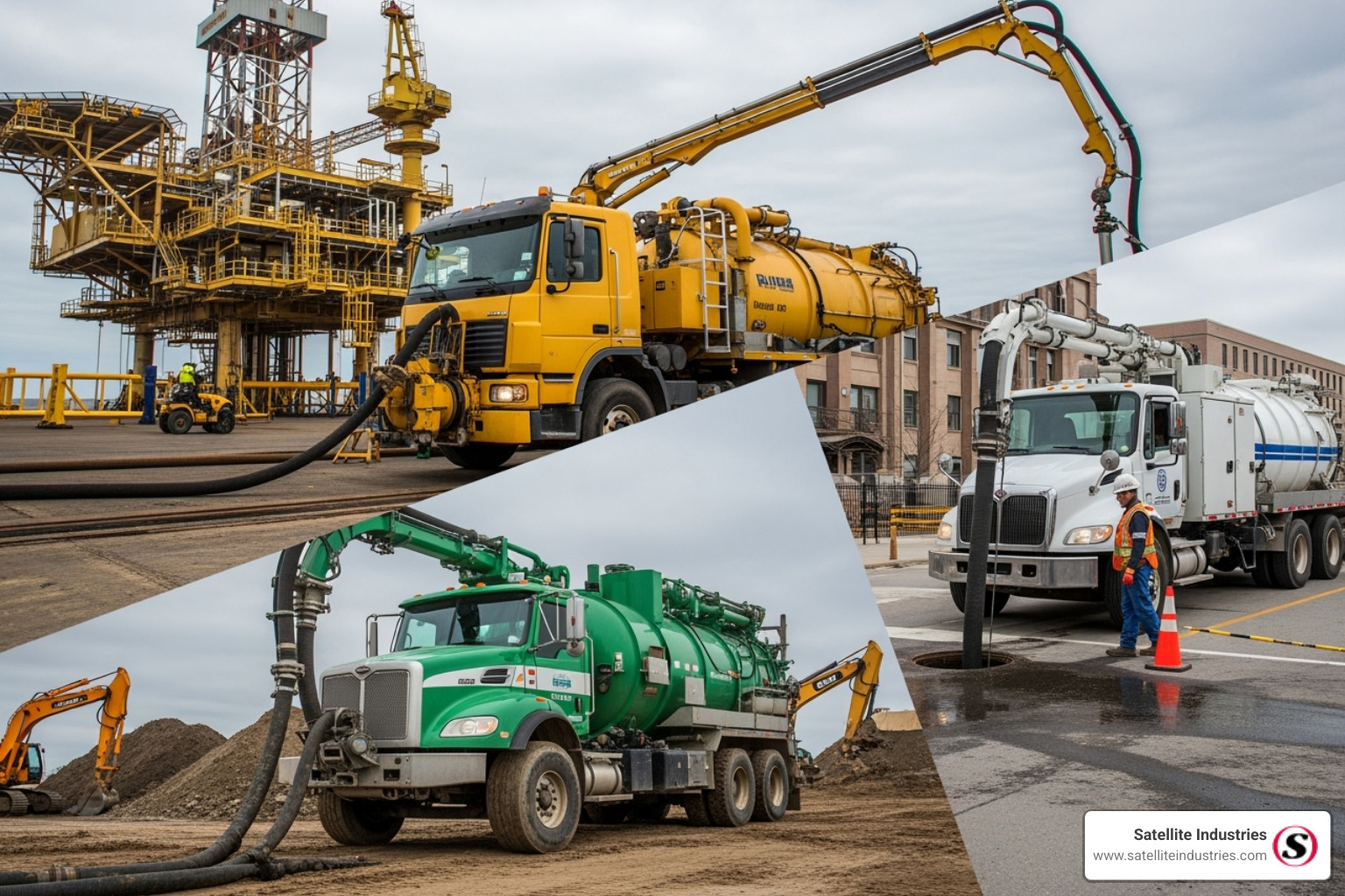 A collage showing vac trucks in different industrial settings, including an oil rig, a municipal sewer, and a construction site - vac truck rental