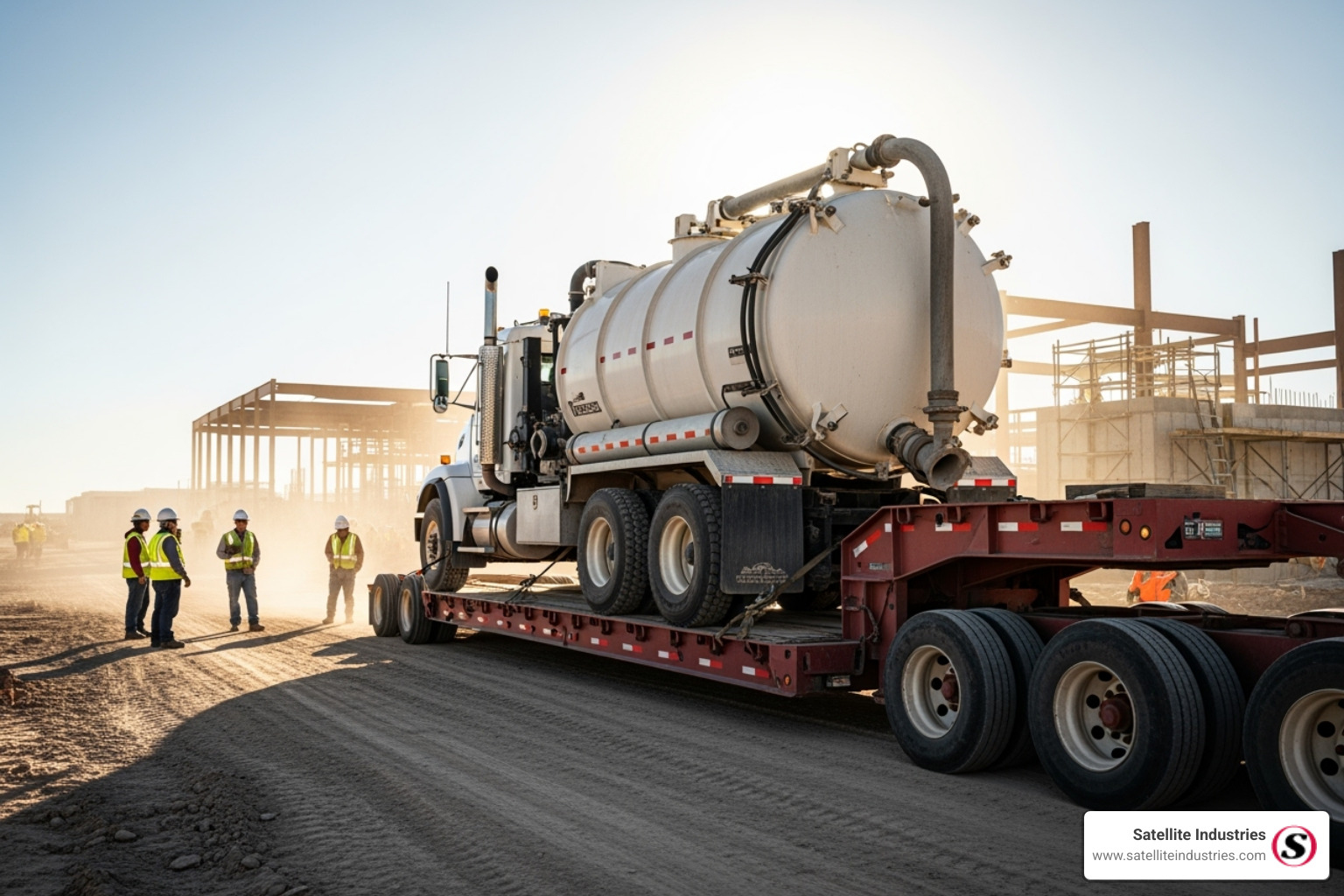 A vac truck being delivered to a a remote construction site, showcasing efficient logistics - vac truck rental