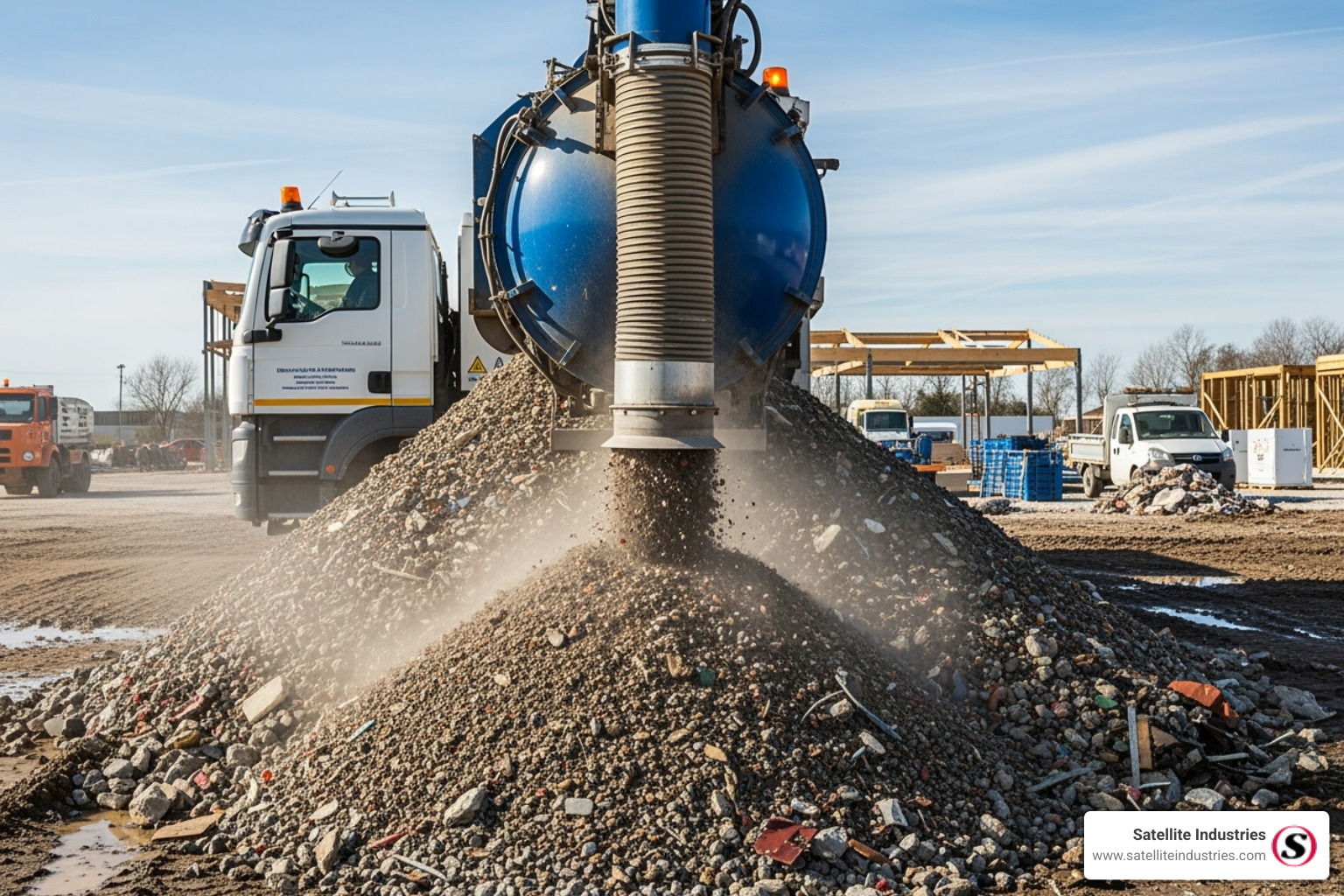 An industrial air mover truck in action, demonstrating its powerful suction capabilities on a large debris pile - vac truck rental