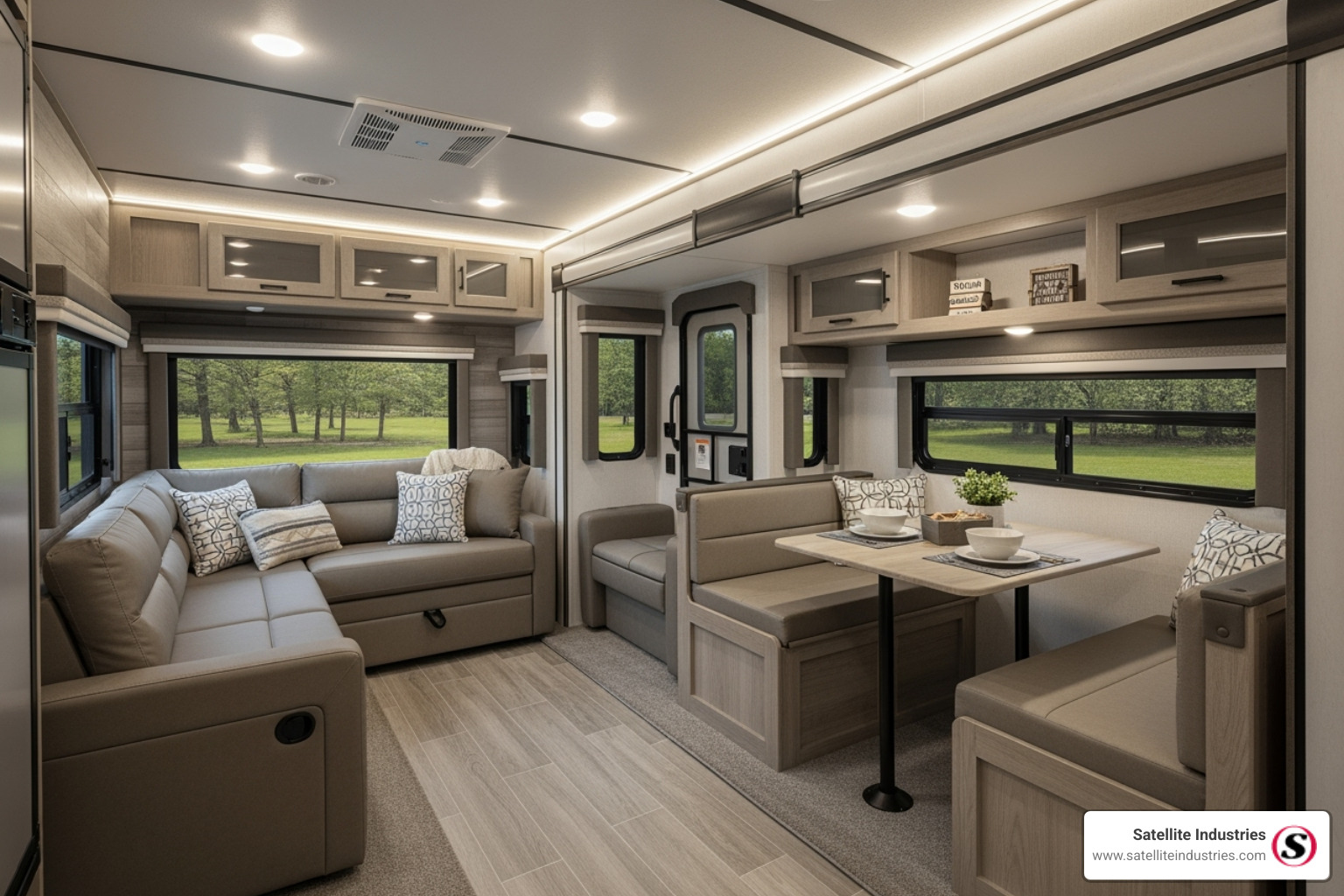spacious interior common area created by a large slide-out in a bunkhouse trailer - triple bunk travel trailer