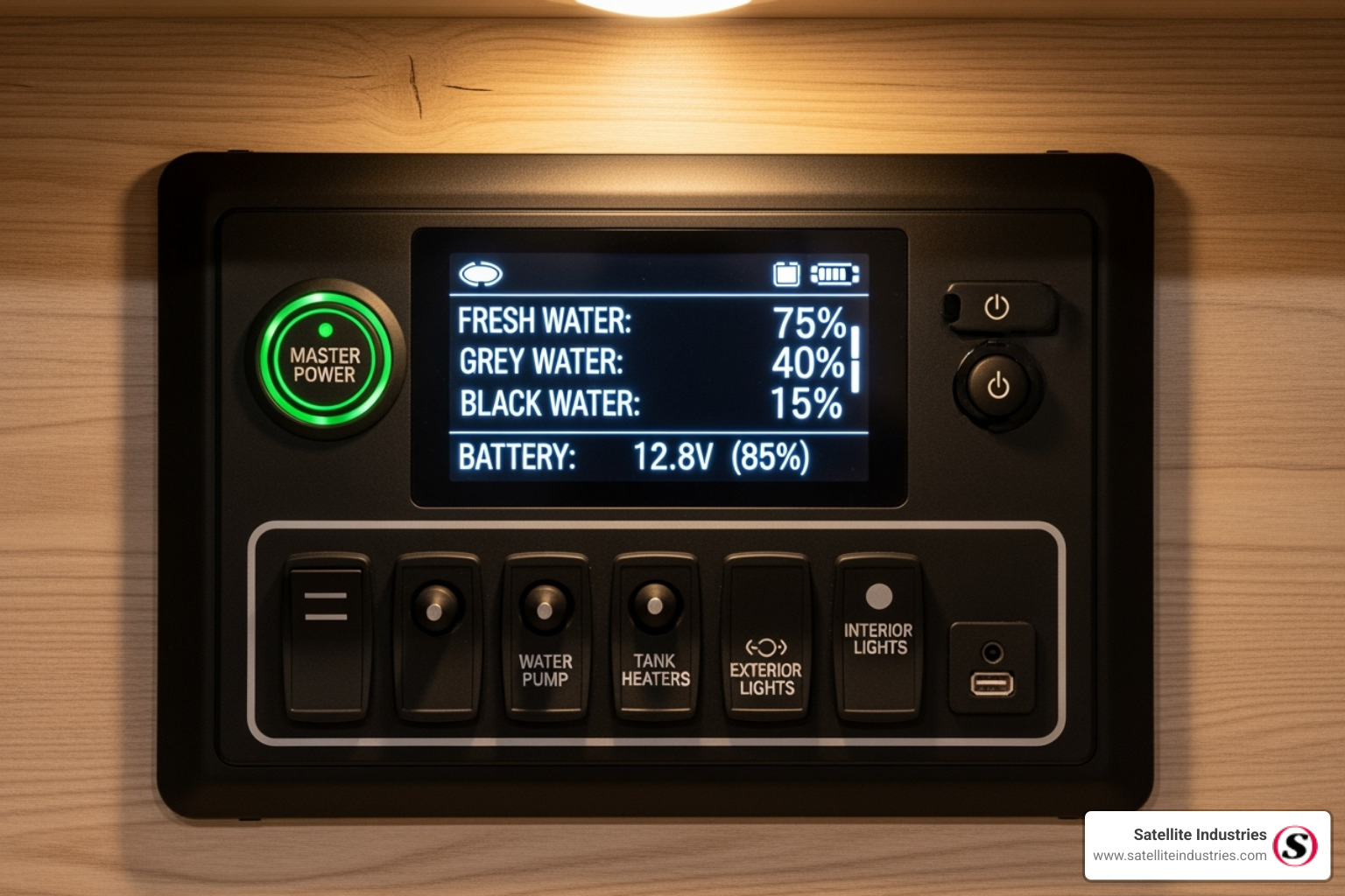 control panel showing tank levels and power systems in a trailer - triple bunk travel trailer