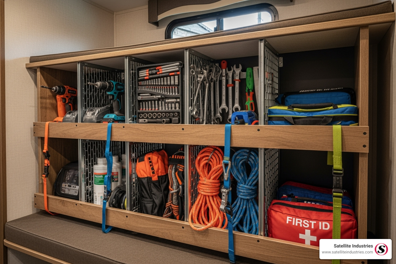 bunk area converted for secure gear storage - triple bunk travel trailer