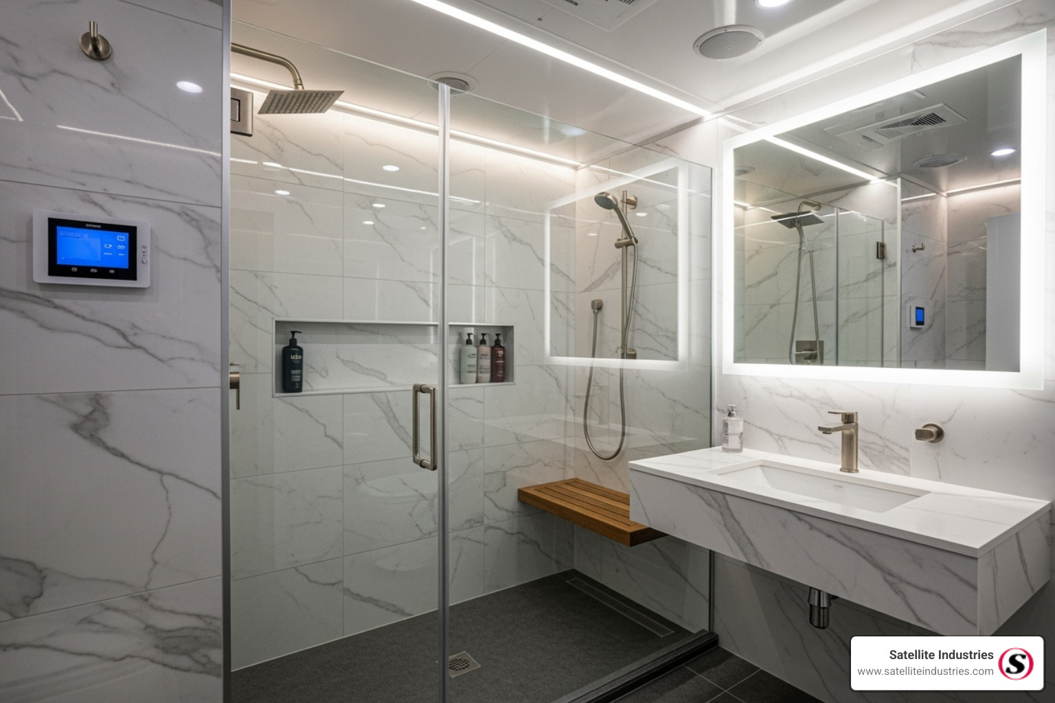 interior of a luxury shower trailer - portable shower and toilet units for hire