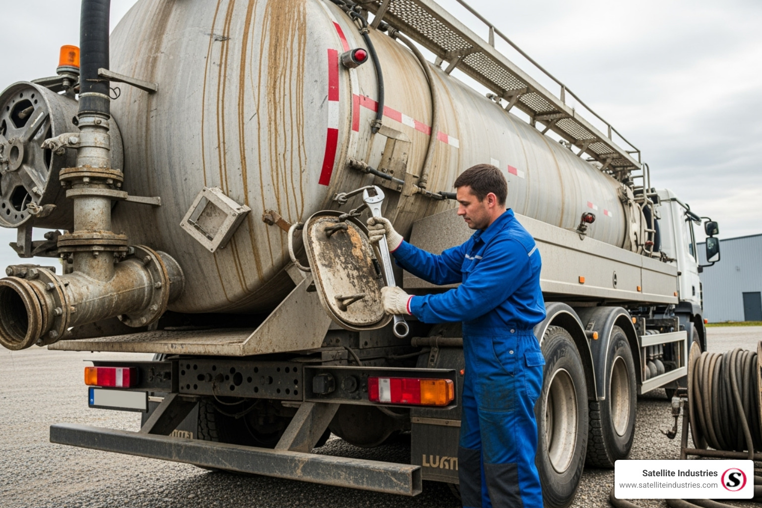 of a technician performing maintenance on a septic truck's tank - septic trucks for sale