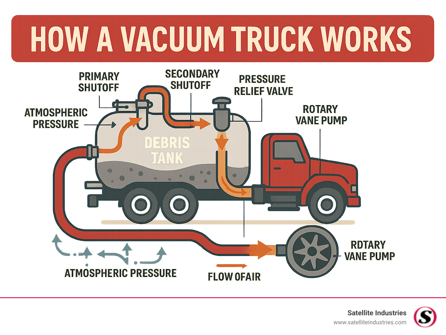 Detailed infographic showing vacuum truck operation with labeled components including debris tank, rotary vane pump, suction hose, primary and secondary shutoffs, pressure relief valves, and the flow of air and materials through the system demonstrating how atmospheric pressure pushes waste into the low-pressure tank - how a vacuum truck works infographic