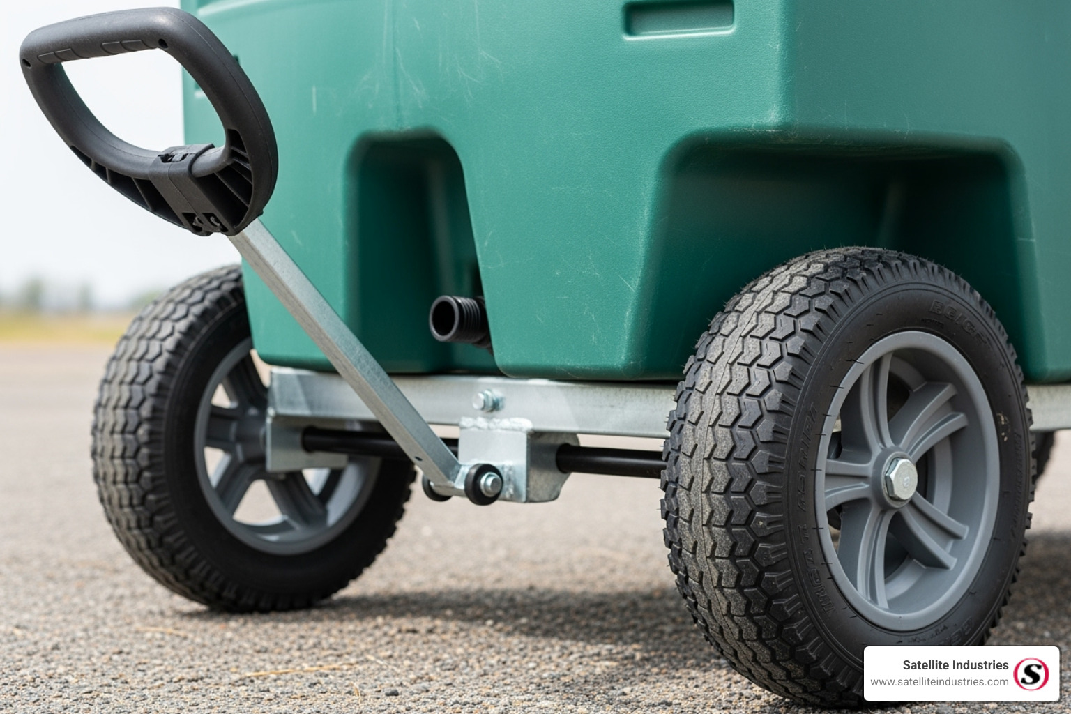 of a tote tank's oversized, no-flat wheels and ergonomic tow handle - 21 gallon portable holding tank