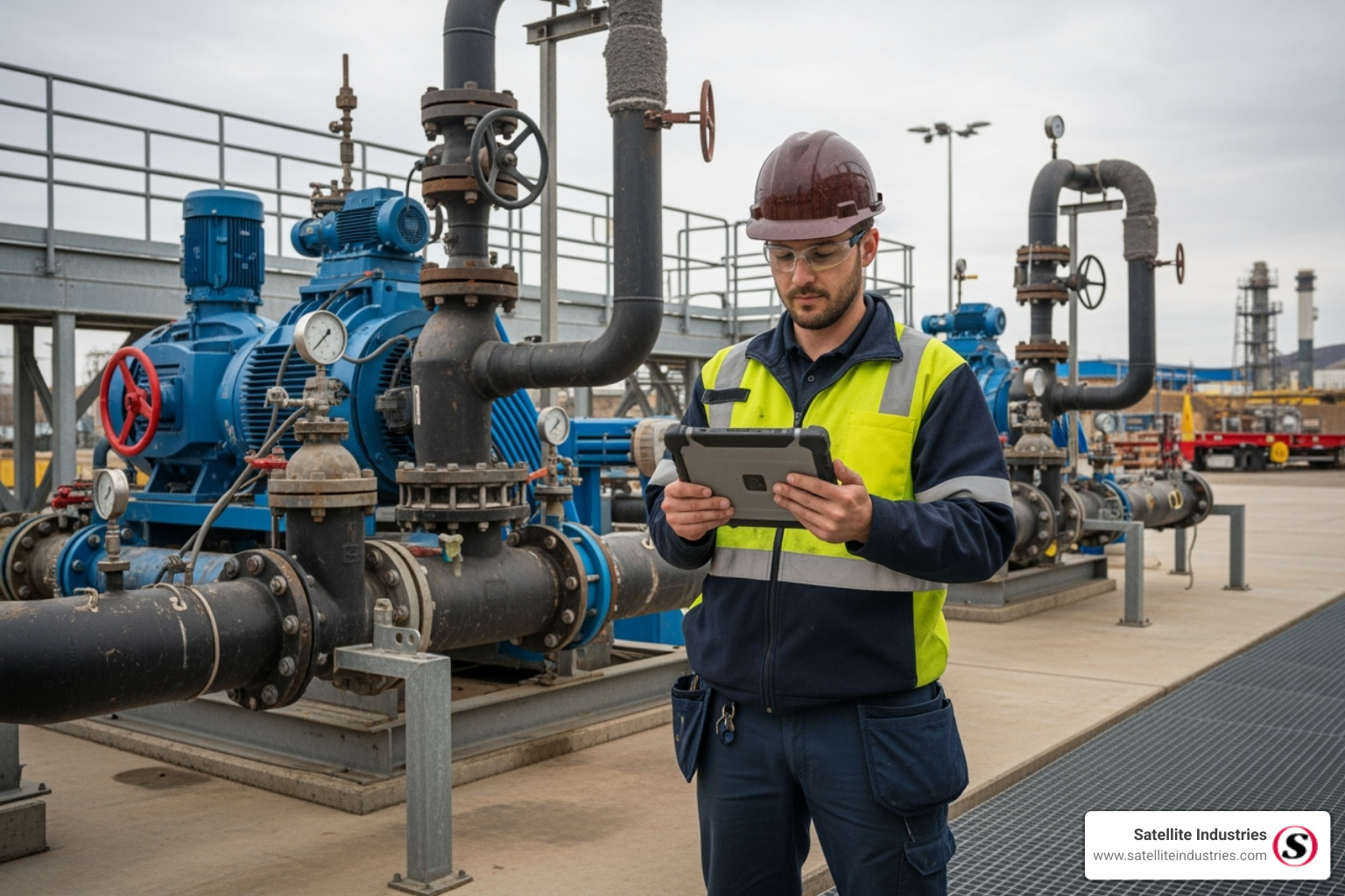 technician using a tablet to monitor pump performance - Liquid waste pumping