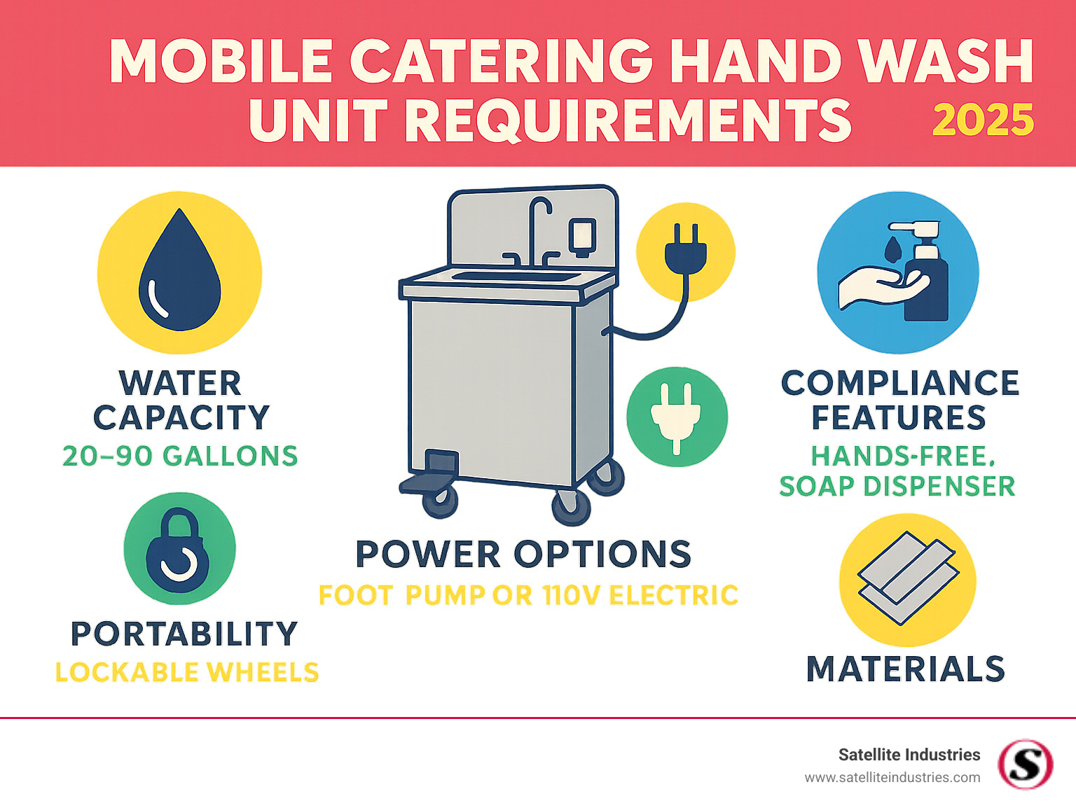Infographic showing mobile catering hand wash unit requirements including water capacity of 20-90 gallons, power options from foot-pump to 110V electric, compliance features like hands-free operation and soap dispensers, portability with lockable wheels, and stainless steel construction for durability - mobile catering hand wash unit infographic