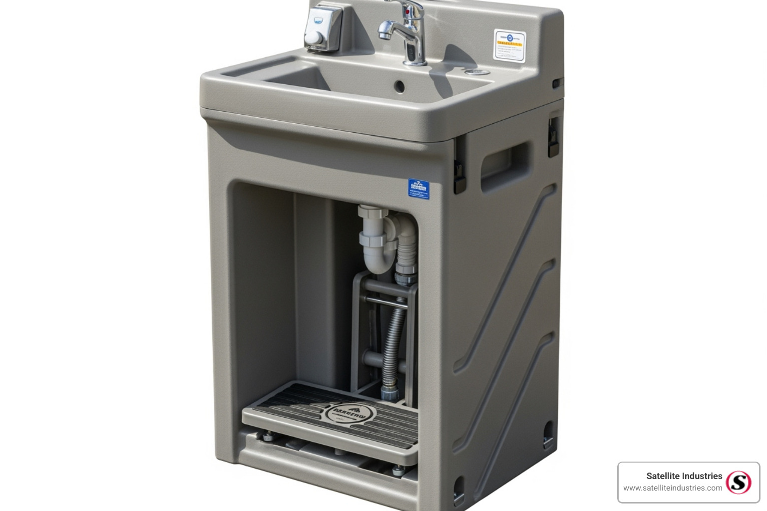 A durable, plastic hand wash unit with a foot pump, designed for outdoor use - mobile catering hand wash unit