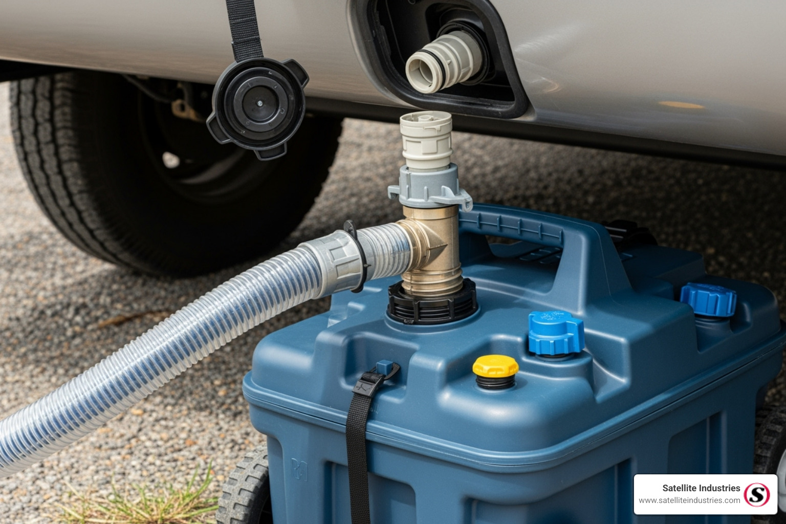 Image showing the proper connection of a portable RV waste tank to an RV's sewer outlet. - 15 gallon rv waste tank