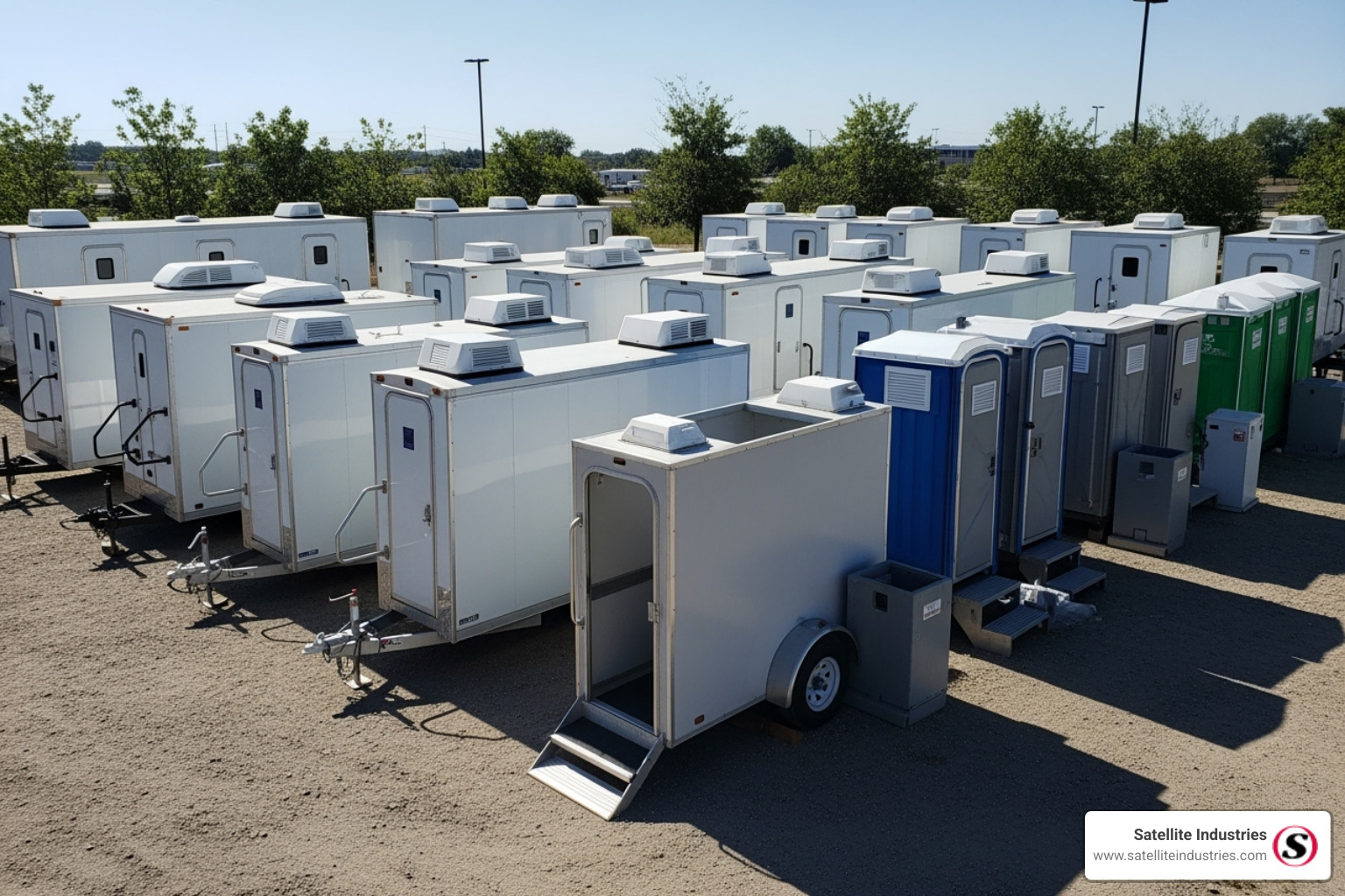 fleet of various toilet trailers, including ADA and shower combo units - toilet trailer manufacturer