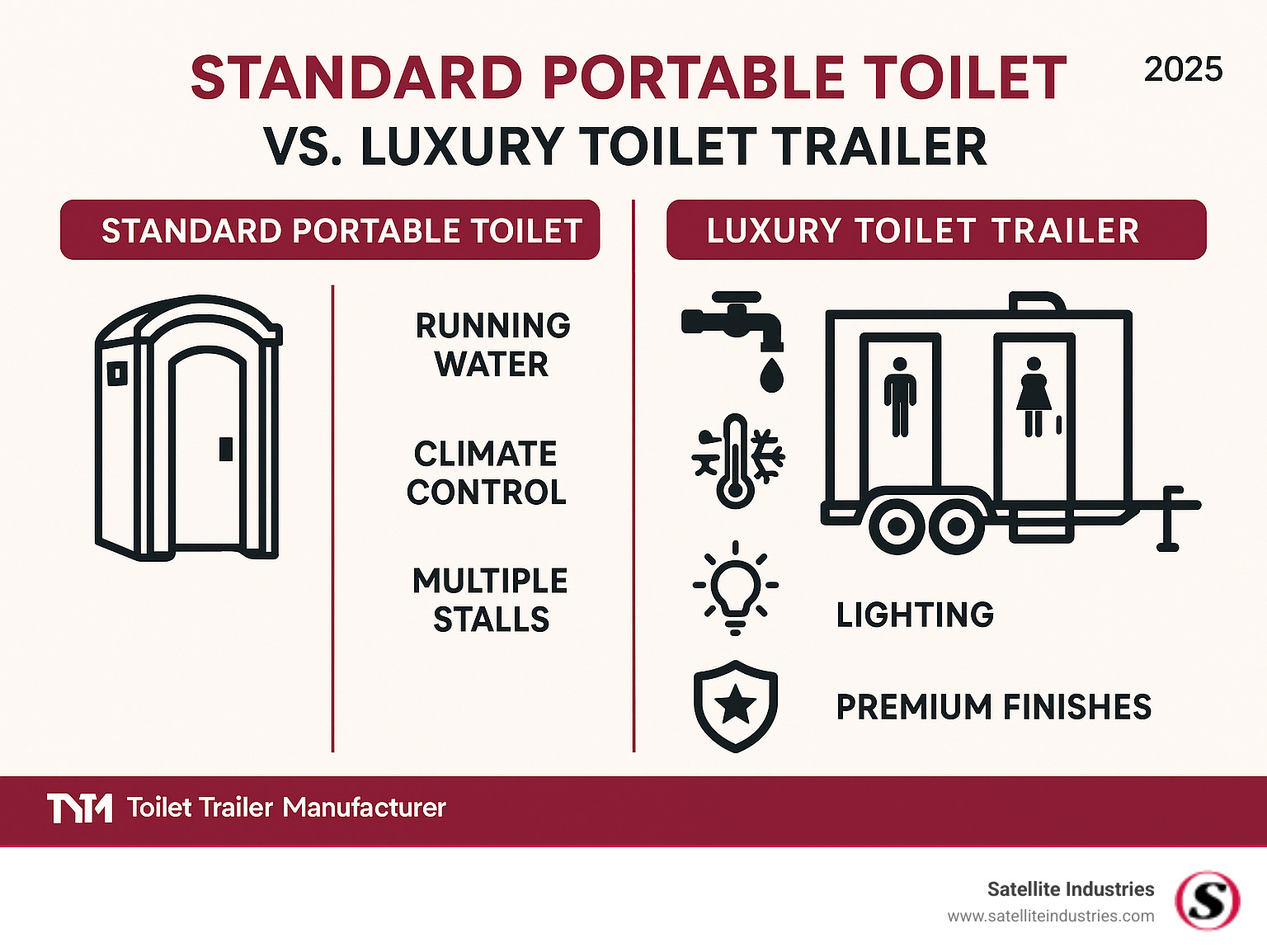 Comparison infographic showing standard portable toilet features versus luxury toilet trailer amenities including running water, climate control, multiple stalls, lighting, and premium finishes - toilet trailer manufacturer infographic