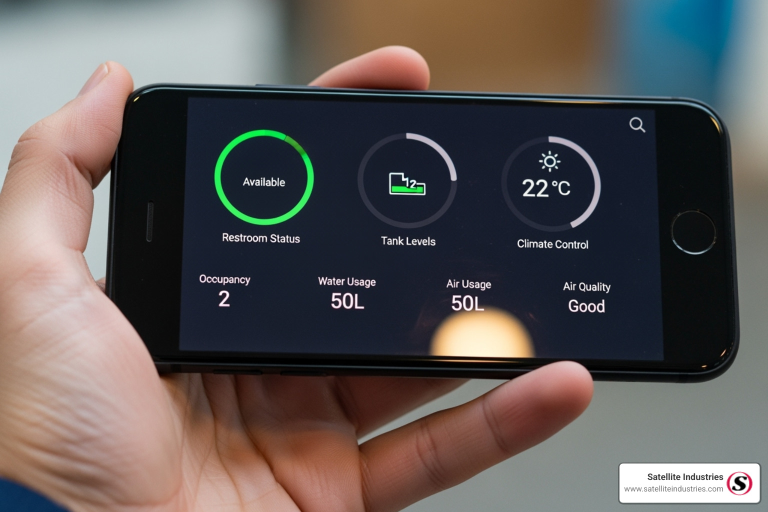 smartphone displaying a restroom monitoring app - toilet trailer manufacturer