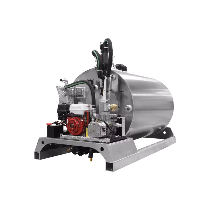 Industrial fuel tank with attached red and white motor and black hoses on metal base.