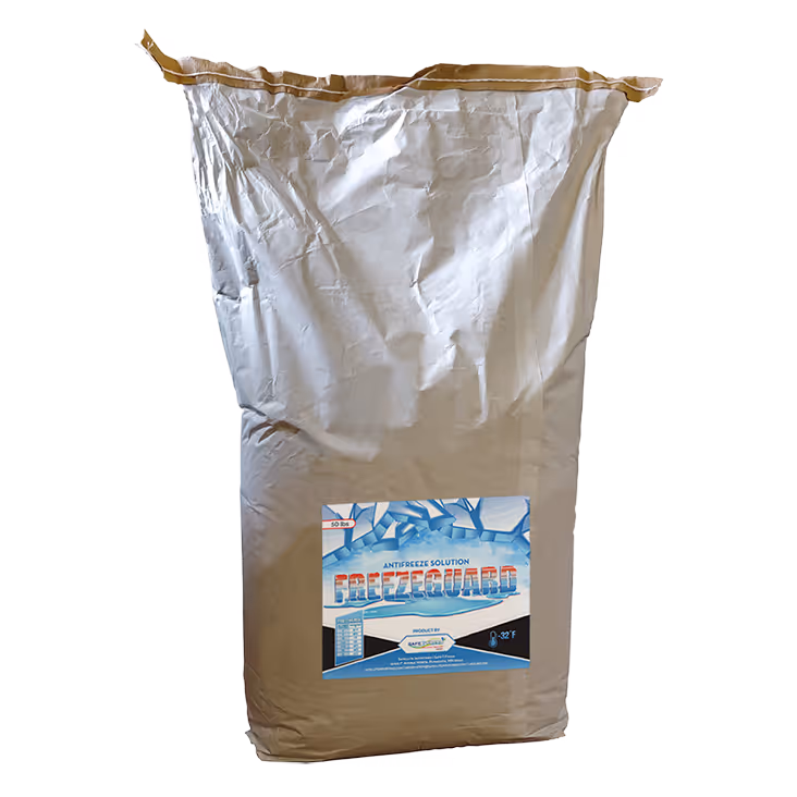 Large bag of FreezeGuard antifreeze solution with a blue and white label.