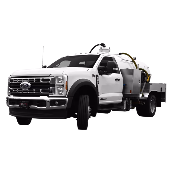 White Ford service truck with a mounted tank and hoses on a flatbed chassis.