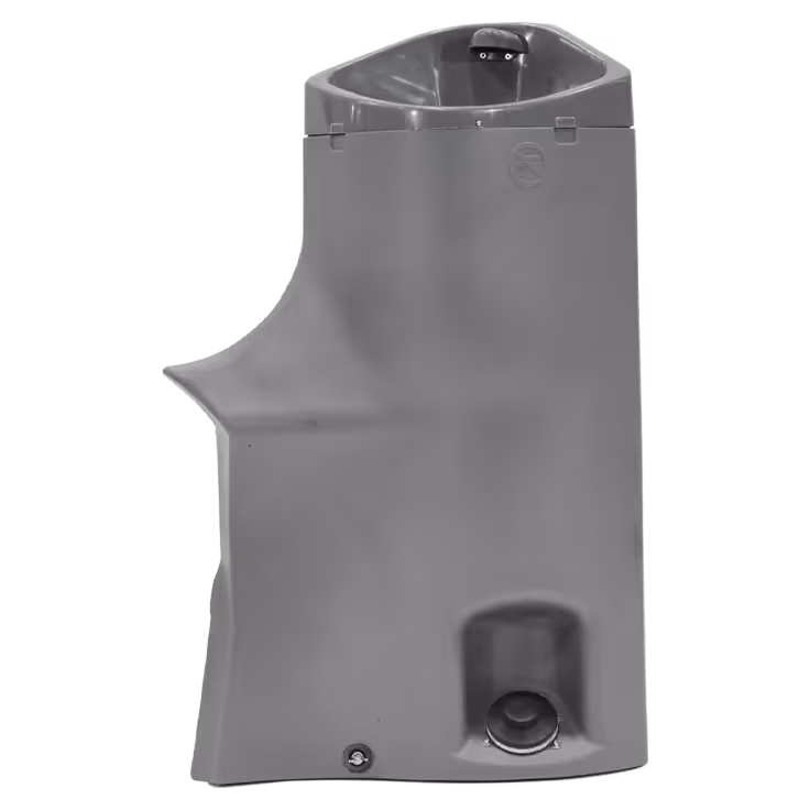 Gray plastic drinking fountain with two spouts, one higher and one lower.