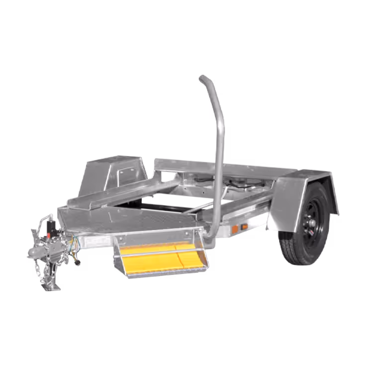 Metal trailer frame with single axle, wheel, and vertical handle on side.