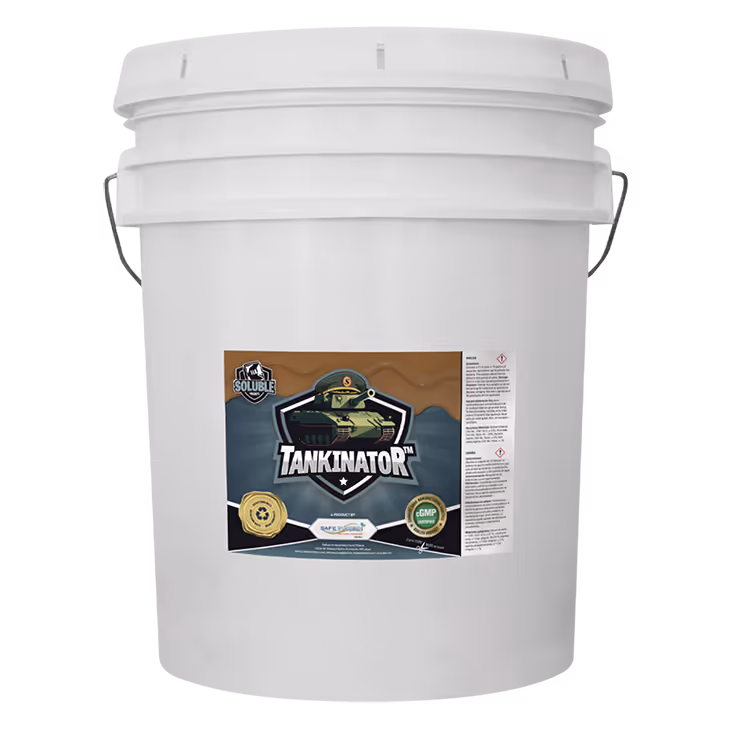 White bucket labeled "Tankinator" with colorful graphics and logos on the side.