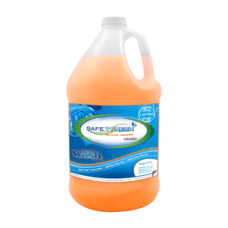 Orange gallon jug of Safe T Fresh Truck Wash with label showing long lasting shine and heavy-duty wash.