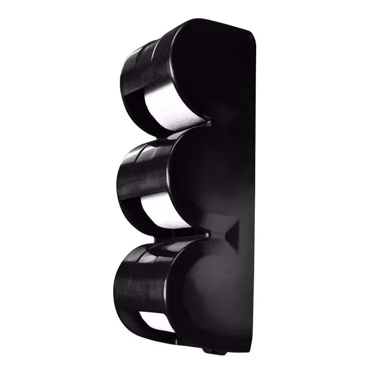 Black three-roll toilet paper dispenser holding three white rolls vertically.