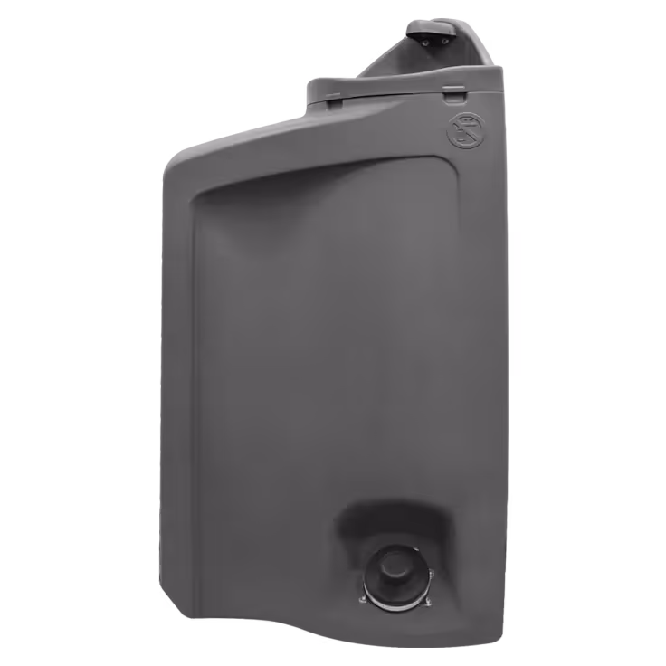 Gray plastic container with a curved design and a spout at the bottom, featuring a lid on top.