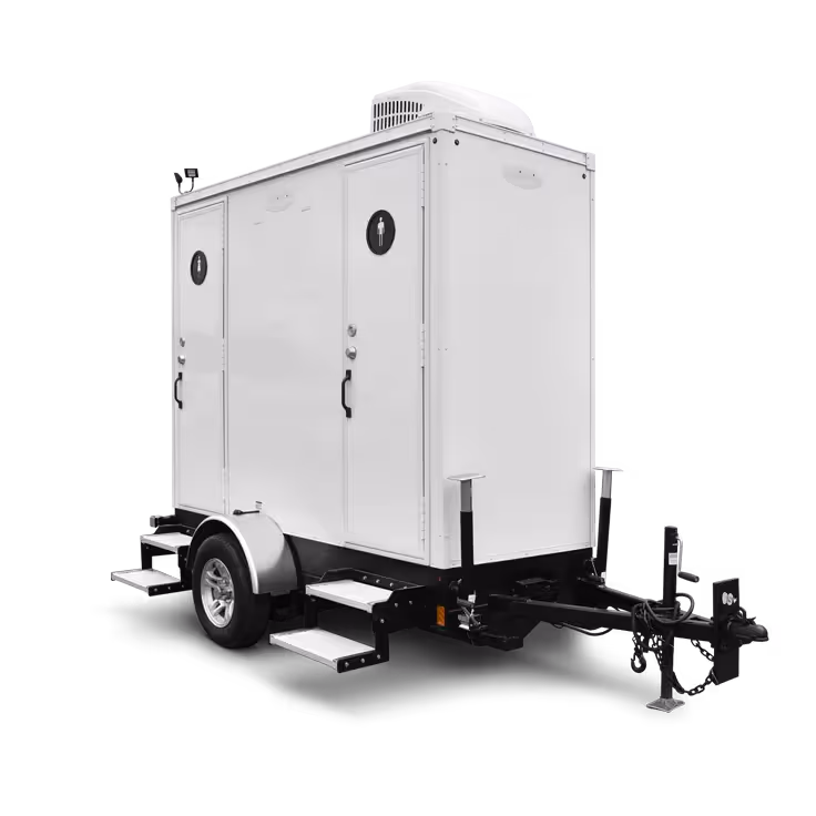 White portable trailer bathroom with two separate doors and small step entries.