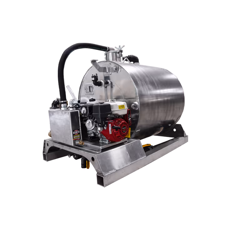 Industrial metal machine with cylindrical tank, engine, pipes, and mounted base frame.