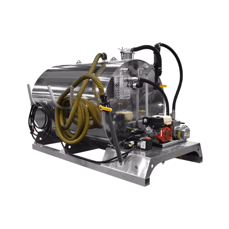 Industrial stainless steel tank with attached motor, hoses, and control components on a metal frame.