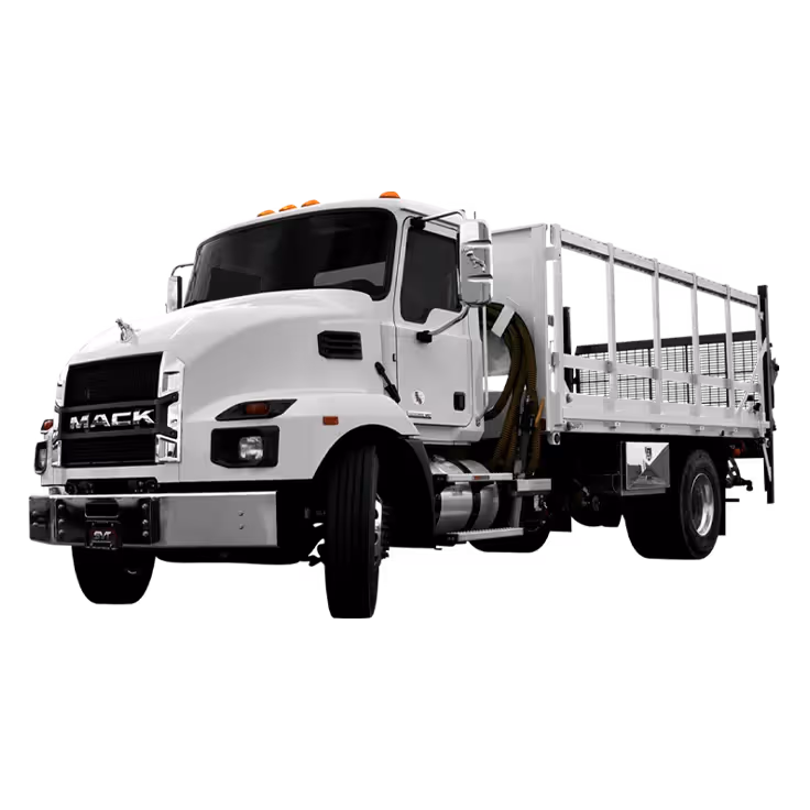 White Mack flatbed truck with visible hoses near the cab and side rails on the bed.