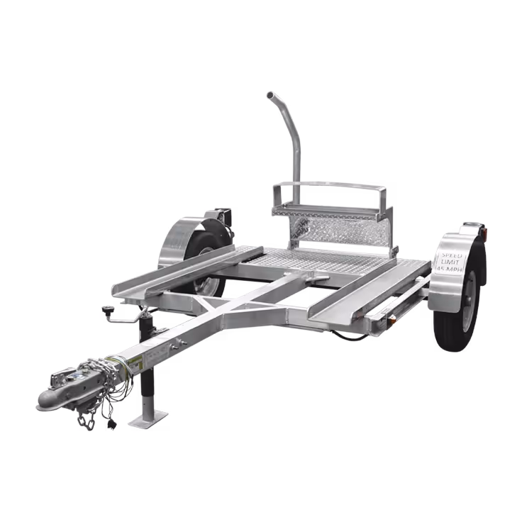 Metal trailer frame with two wheels and a hitch for towing, designed for carrying small vehicles.
