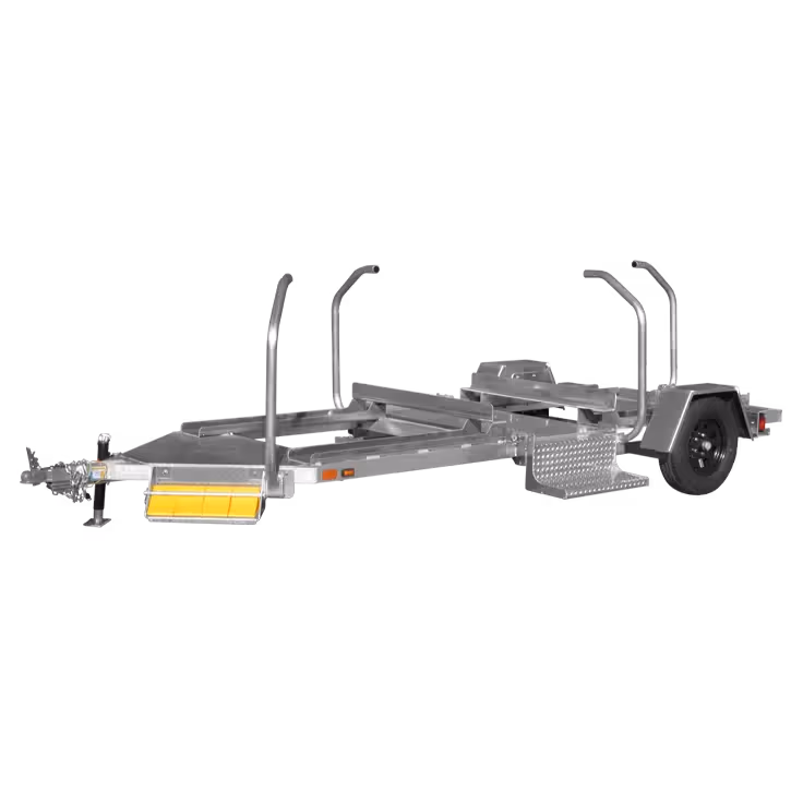 A silver trailer with an open frame, supporting arms, and a rear wheel assembly.
