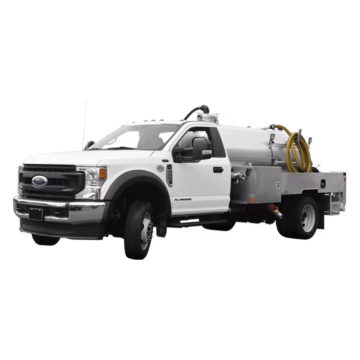 White Ford utility truck with a mounted tank and yellow hose on its flatbed.