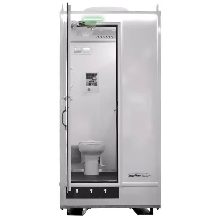 Open portable restroom with visible toilet and ventilation inside, labeled Satellite Suites.