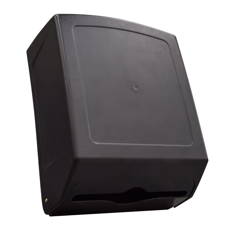 Black square wall-mounted paper towel dispenser with a front slot for paper towels.